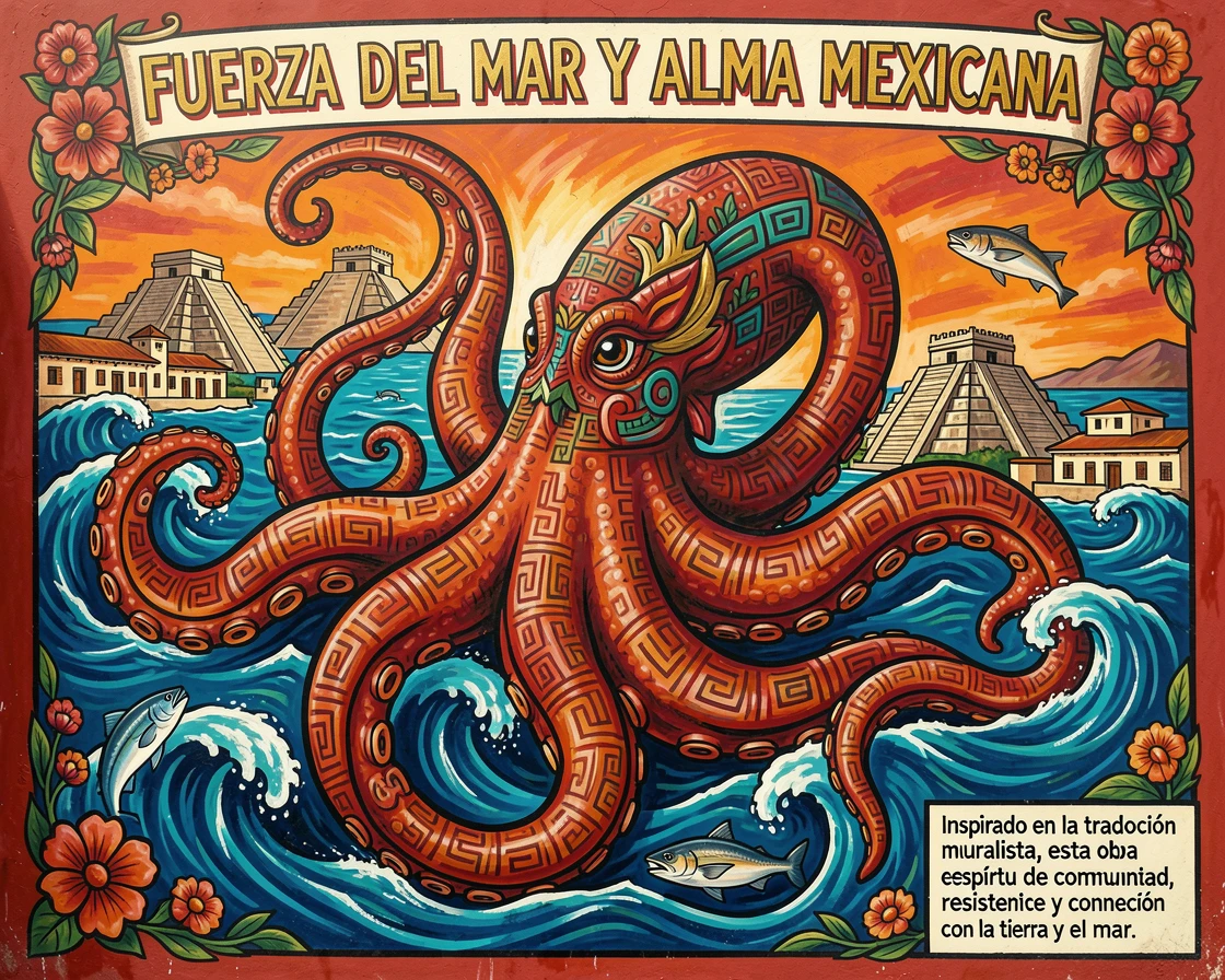 A mythical kraken rising from the depths of the sea