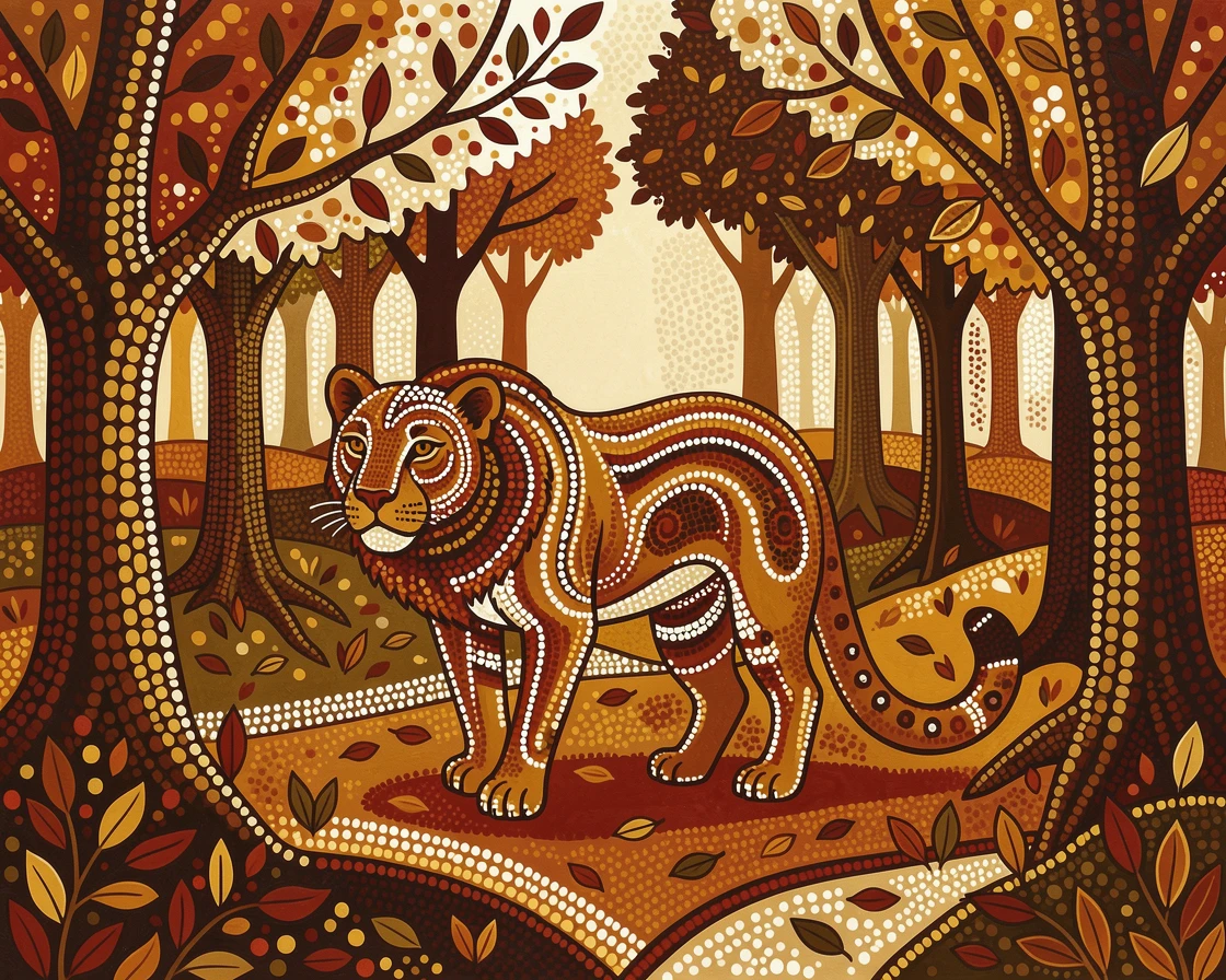 A lioness wandering through an autumn woodland