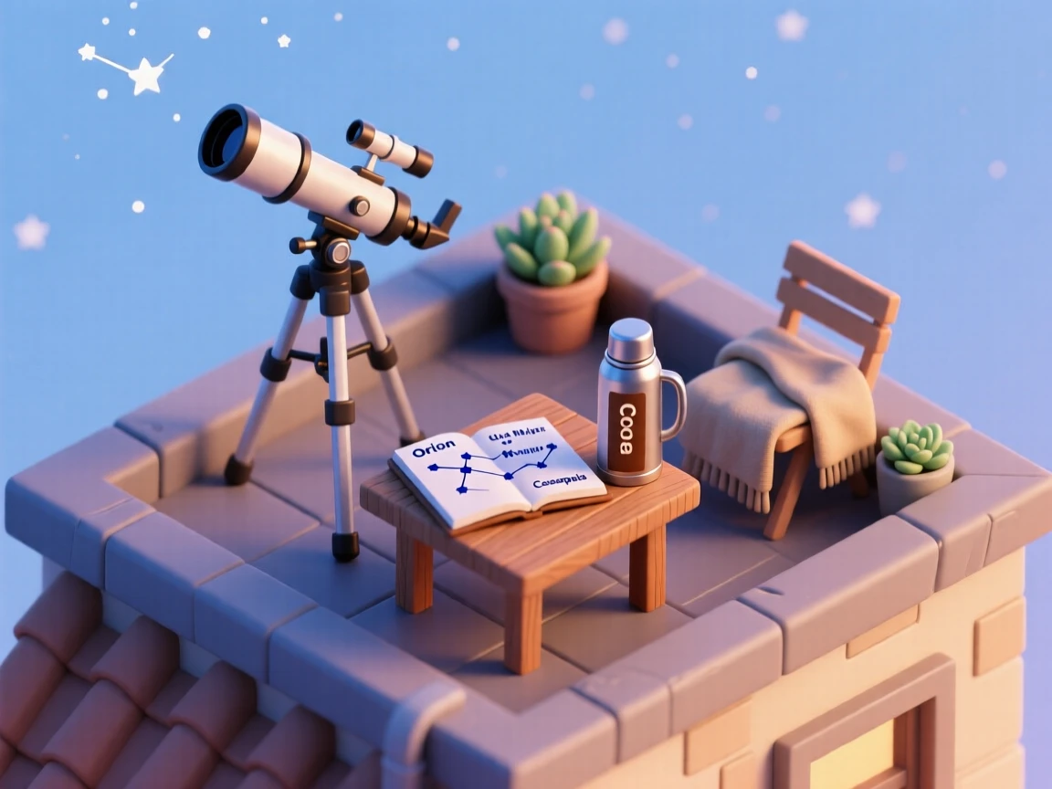A stargazing hobbyist's rooftop setup with a telescope pointed skyward, a star chart spread on a small table, and a thermos of cocoa.