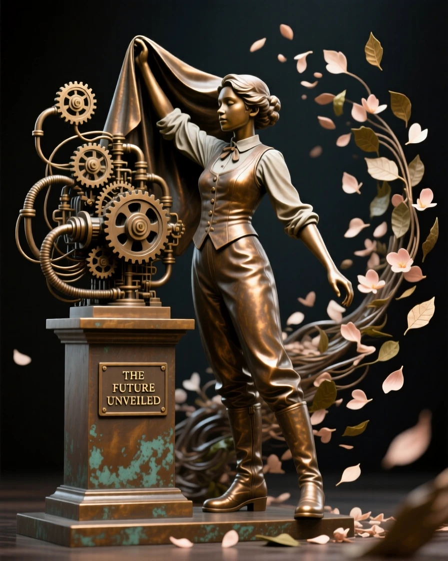 A young inventor unveiling her creation, surrounded by falling petals or leaves, forming a strong central focal point