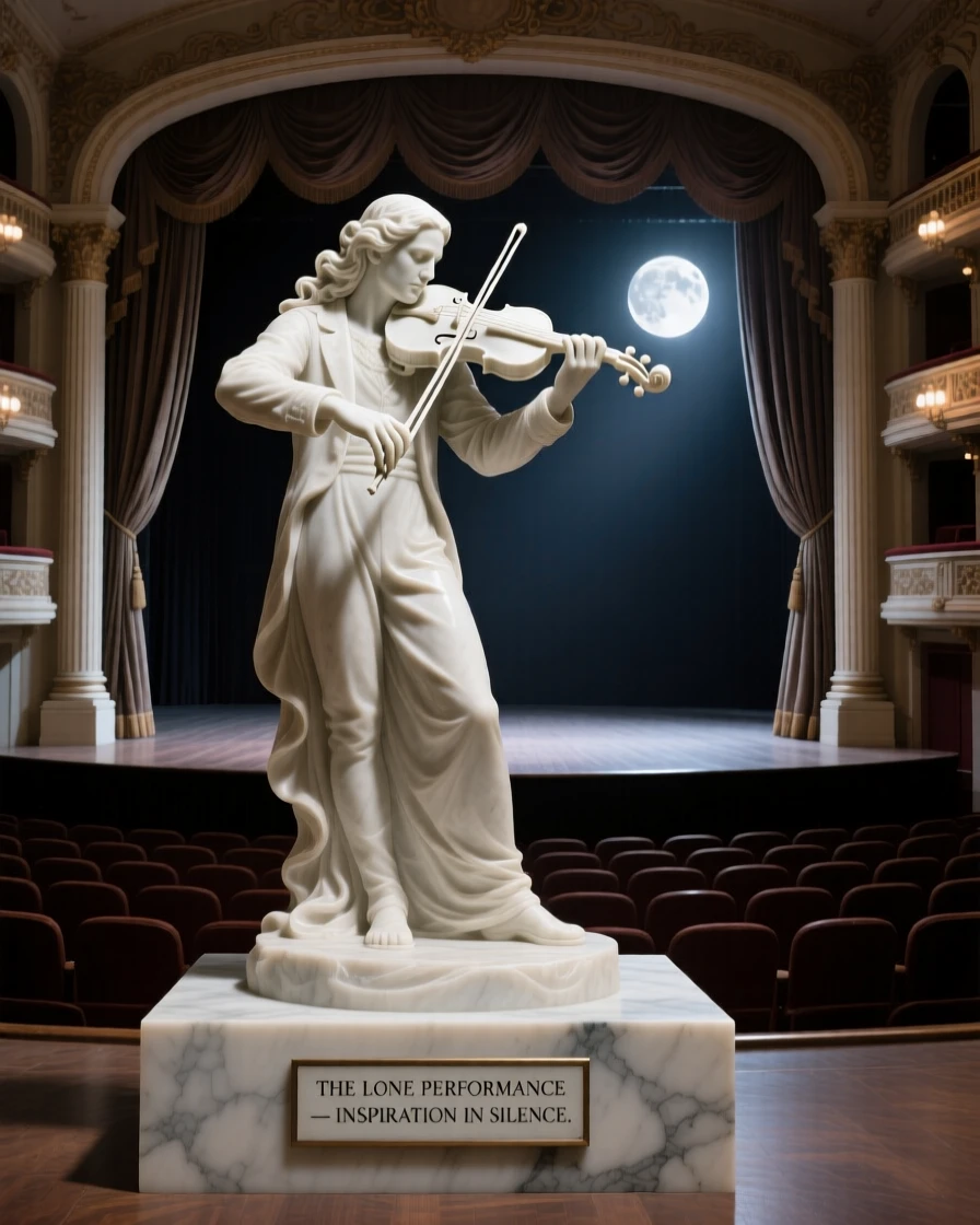 A vivid, emotionally rich scene of a violinist performing for an empty, moonlit theater, captured with cinematic depth and detail, designed to captivate and inspire