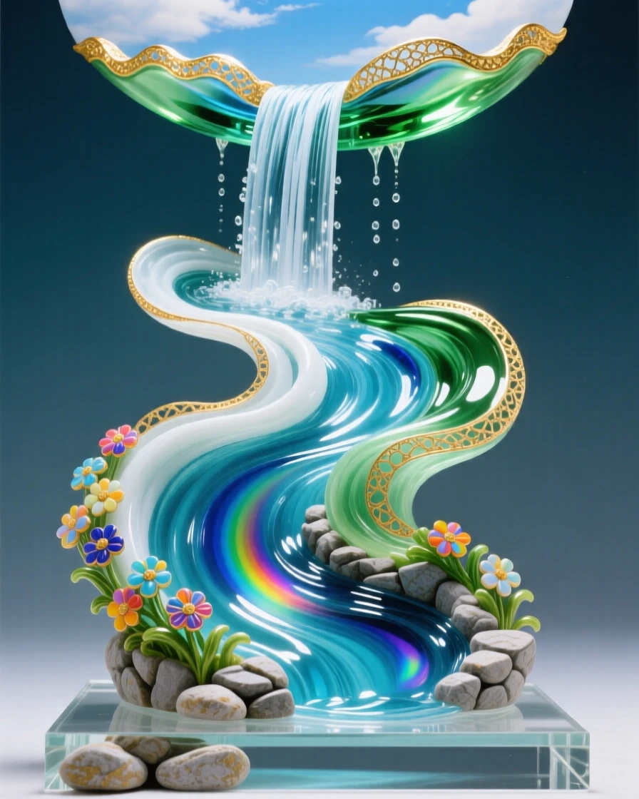 A river flowing upward into a waterfall in the sky, surreal and mesmerizing.