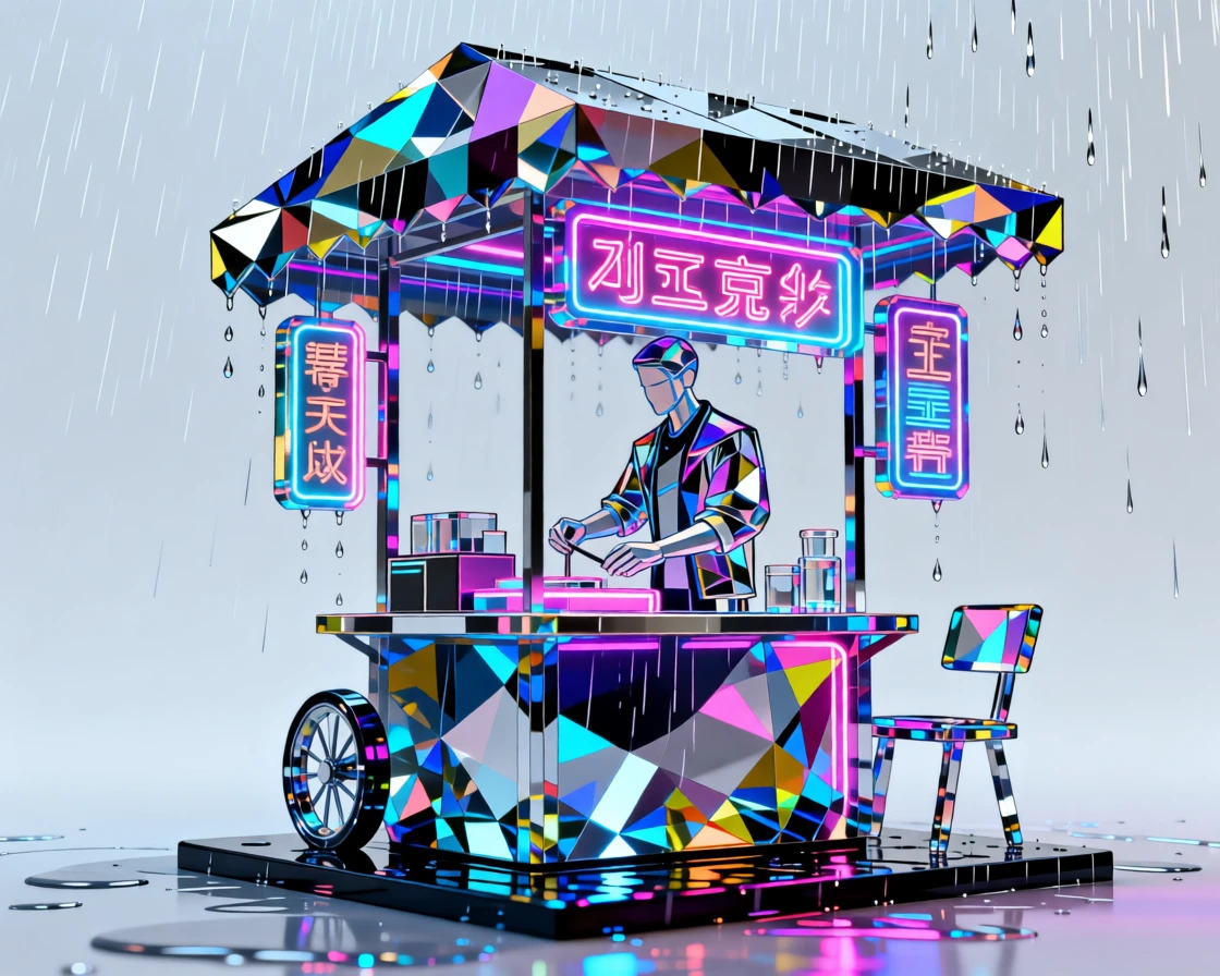A cyberpunk street vendor's stall glowing with neon signage in the pouring rain.