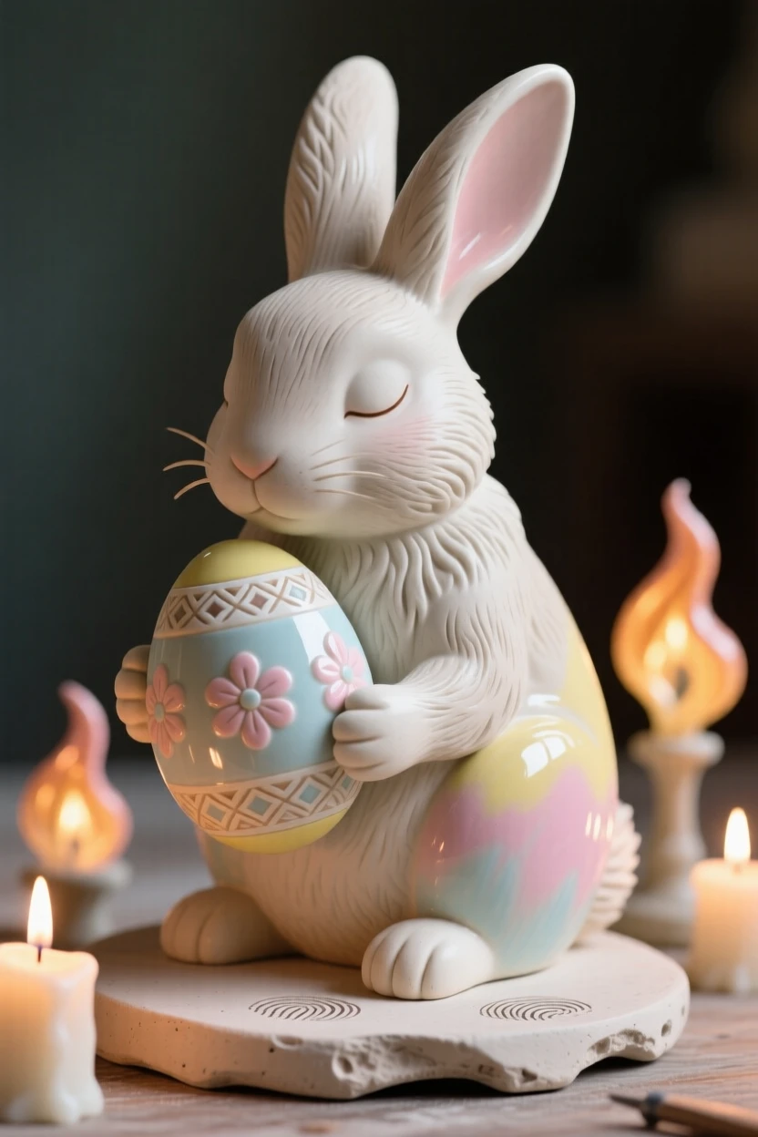 An Easter bunny cradling a decorated egg displayed as a heartwarming holiday accent, surrounded by warm candlelight, conveying warmth, celebration, and delight.