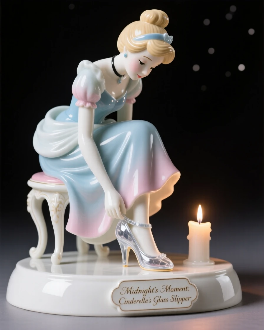 A storybook depiction of Cinderella trying on a glass slipper at midnight, softly lit as if illuminated by a single candle.