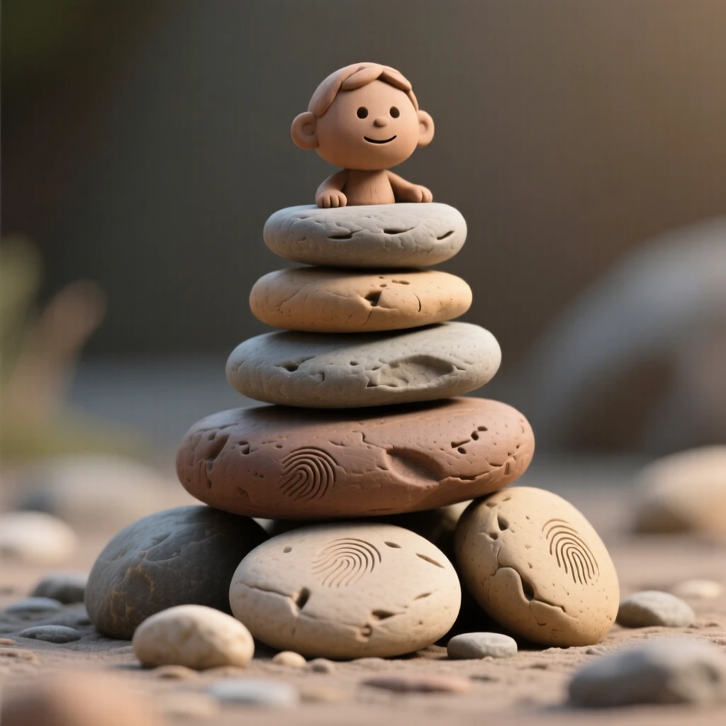 A collection of smooth river stones stacked into a small cairn