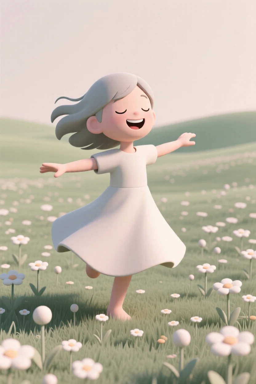 A joyful girl spins with her arms out in an open field of wildflowers, hair flying in the wind.