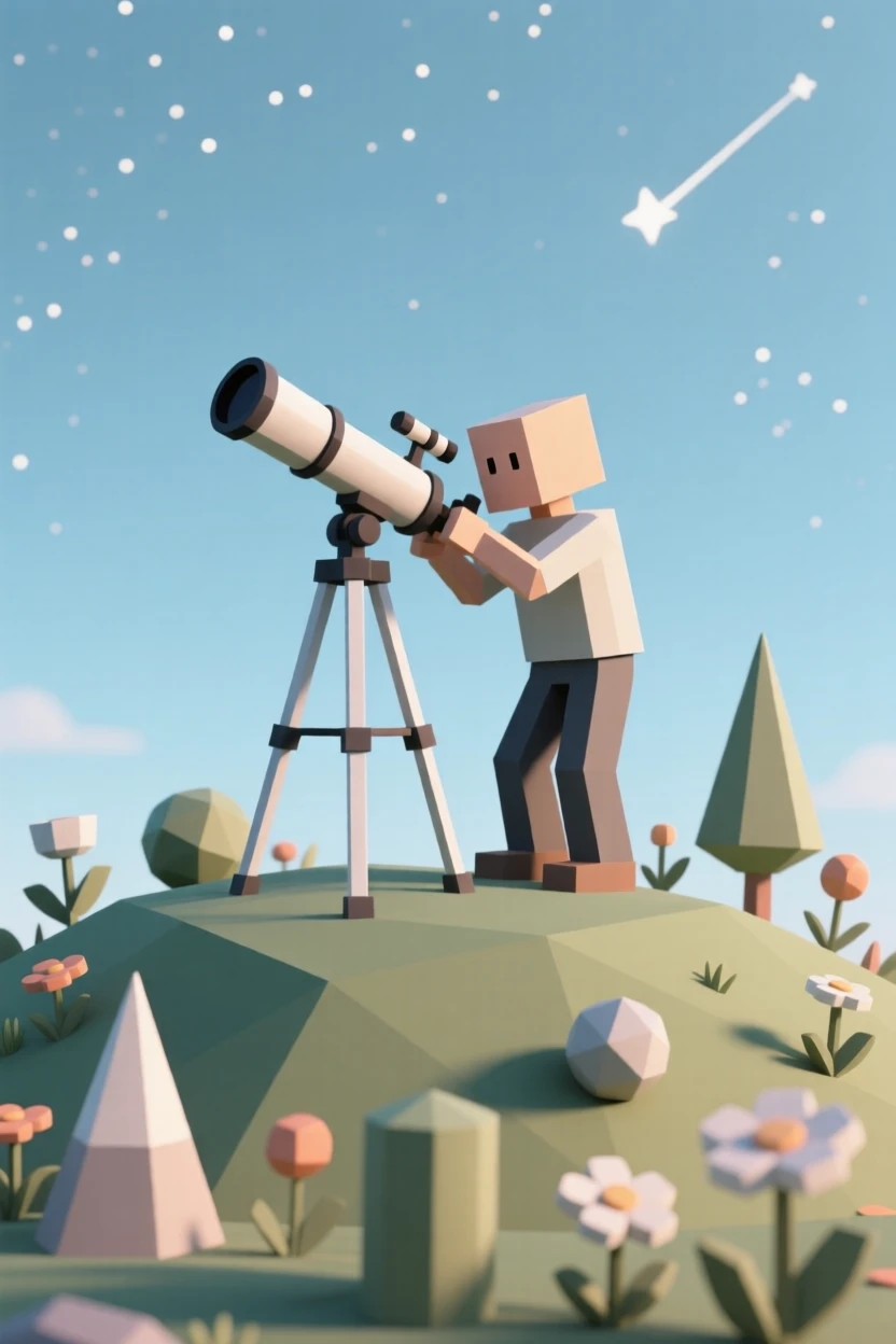 A stargazer setting up a telescope on a hilltop, amid a quiet, colorful garden. the composition balances subject and open space. The mood feels adventurous and free.