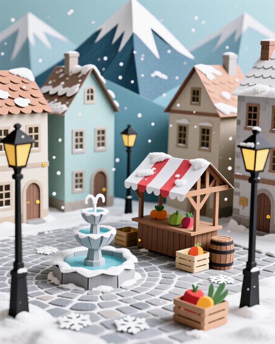 A historic old town square dusted lightly with fresh snow, with mountains rising dramatically in the background, evoking wanderlust and cultural charm.