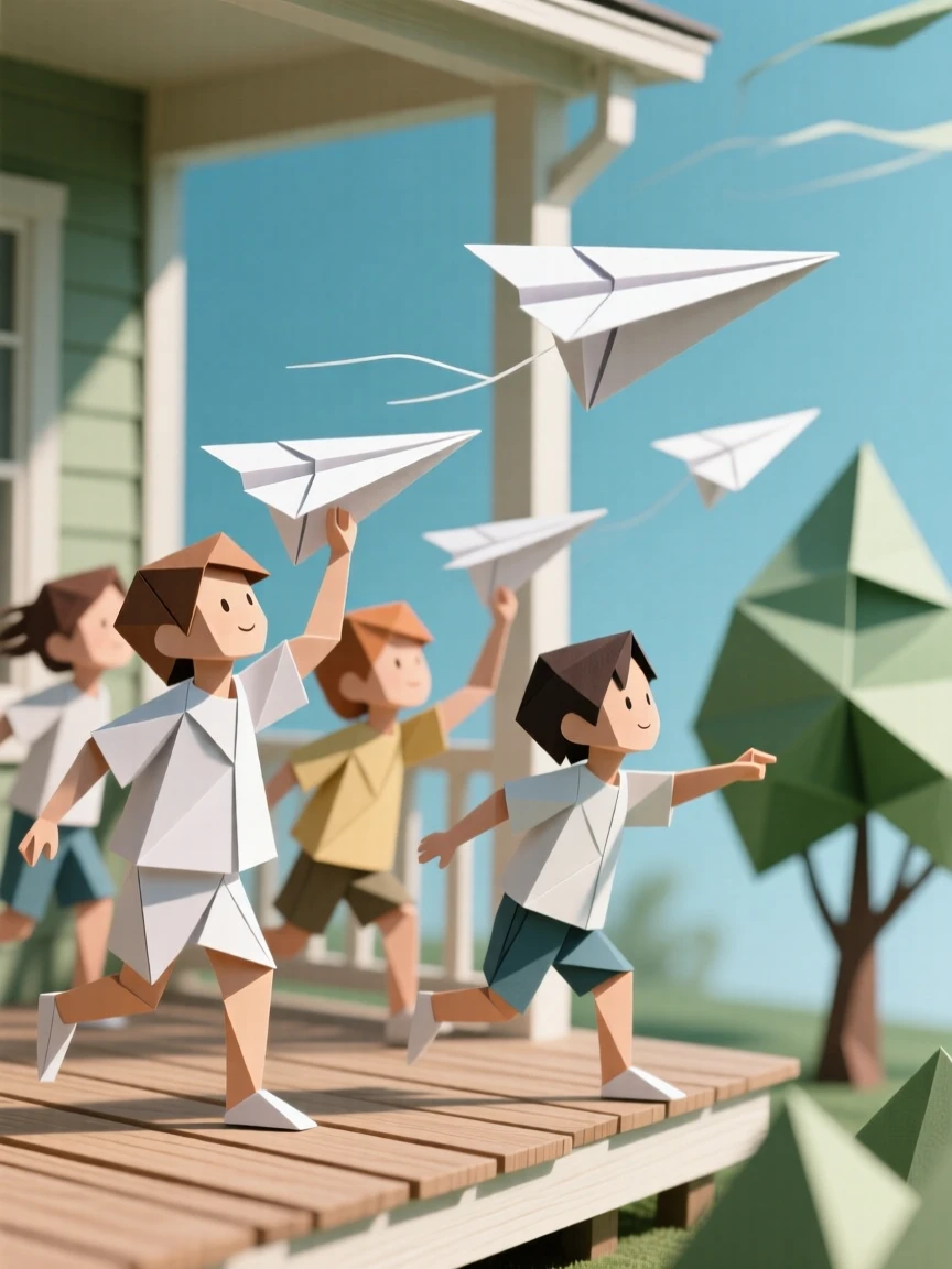 A group of children flying paper airplanes off a porch on a windy afternoon.