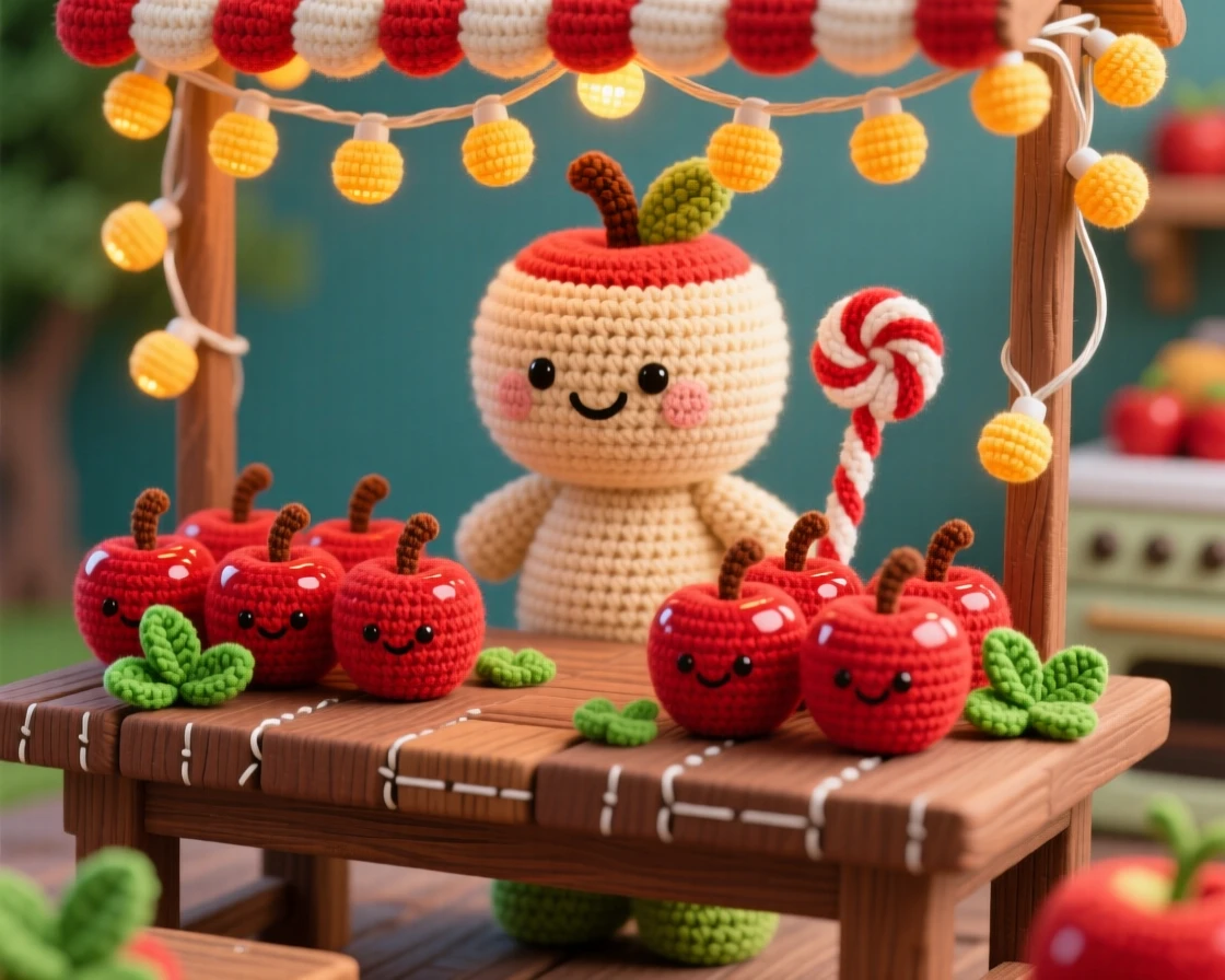 a cheerful candy apple stand display, with rows of glossy red apples, lit by a warm string of market lights, displayed in a rustic wooden kitchen table, with a scattering of fresh mint leaves, radiating bright, appetizing cheerfulness.