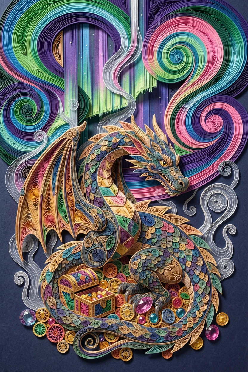 A magical fantasy scene of a majestic dragon curled protectively around a treasure hoard beneath a sky swirling with the northern lights, with delicate wisps of magical mist curling upward, captured from a sweeping cinematic wide angle.