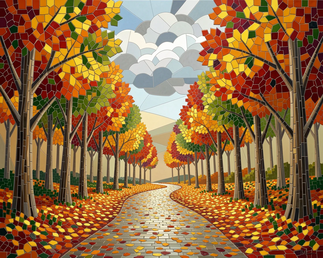 A wide panoramic view of a colorful autumn forest with a winding path covered in fallen leaves, with dramatic clouds and rich natural color.