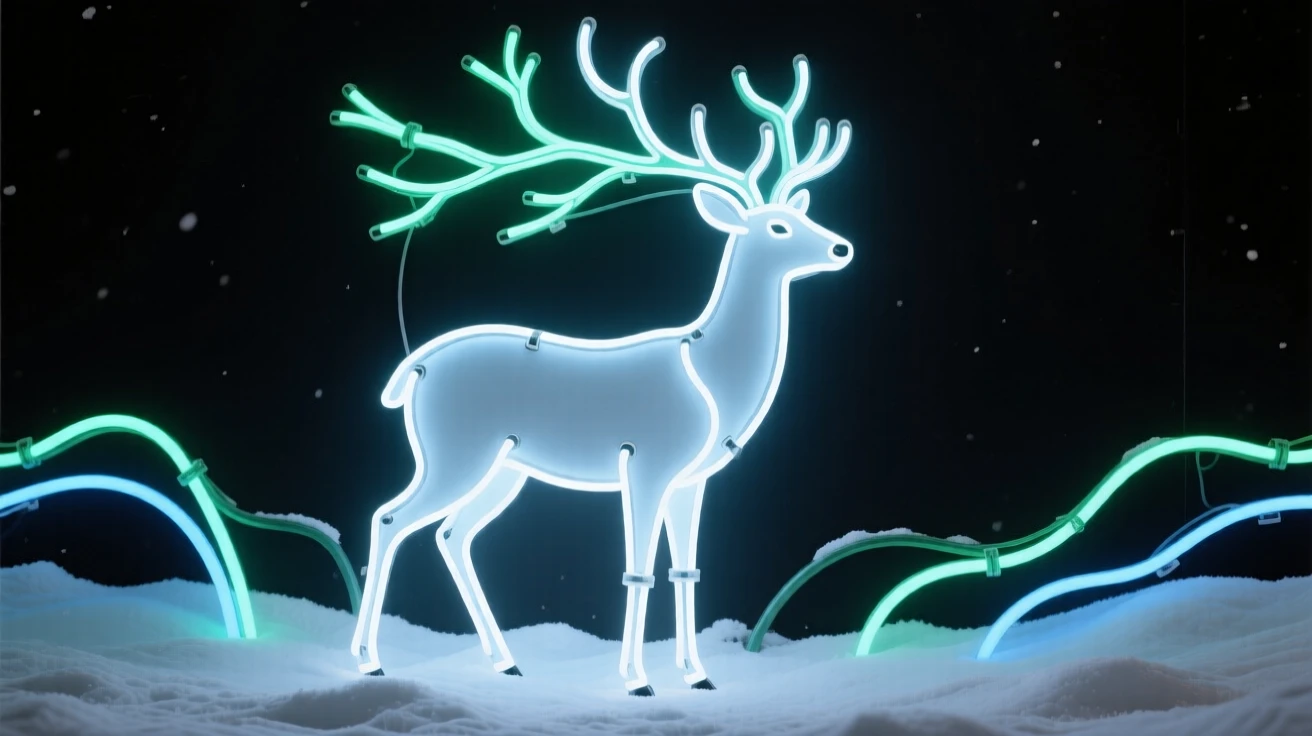 A white stag with antlers of living branches standing in a snowy clearing.