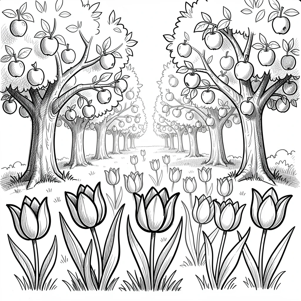 A garden full of blooming spring tulips in an orchard during apple season.