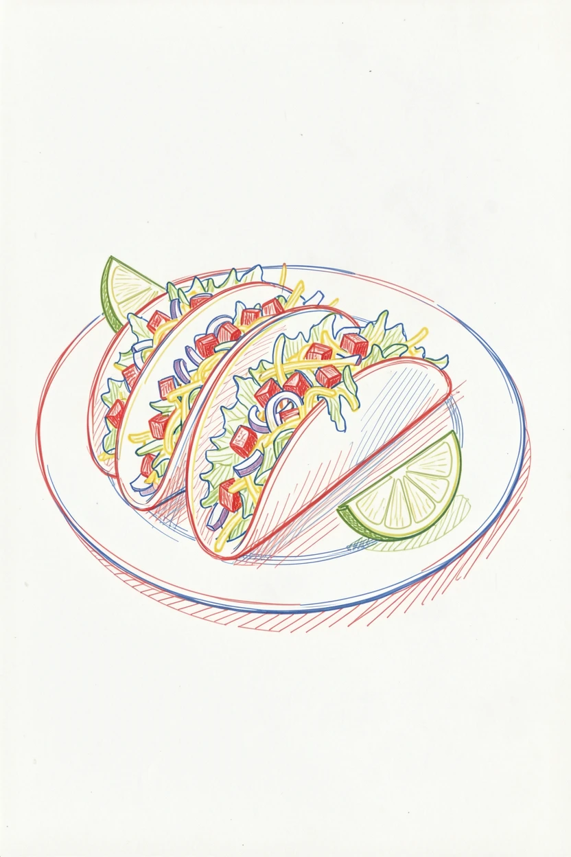 A plate of tacos overflowing with fresh toppings and lime wedges
