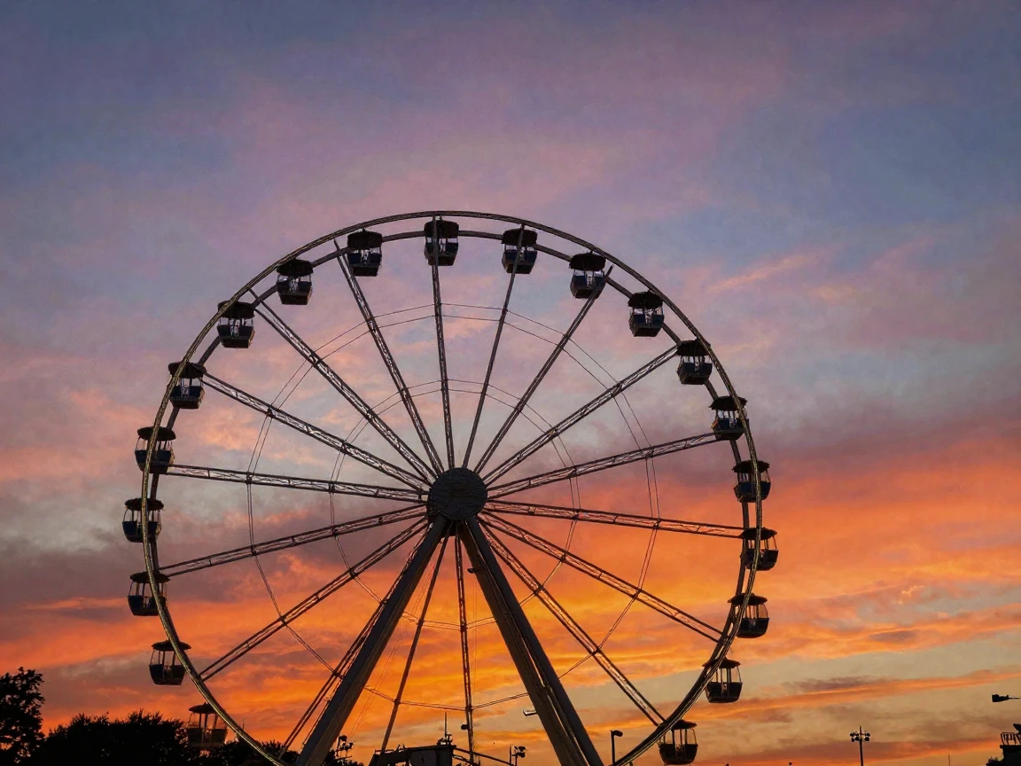A Ferris wheel silhouetted against a colorful sunset sky