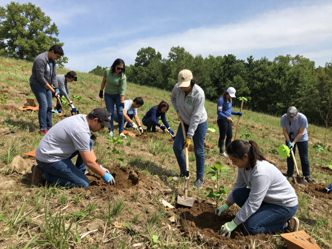 A group of volunteers plants saplings along a reforested hillside.