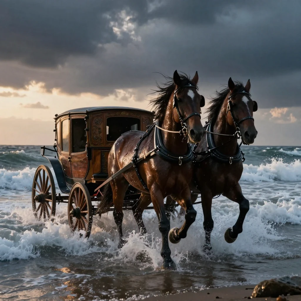 A horse-drawn carriage cutting through choppy ocean waves under a darkening evening sky
