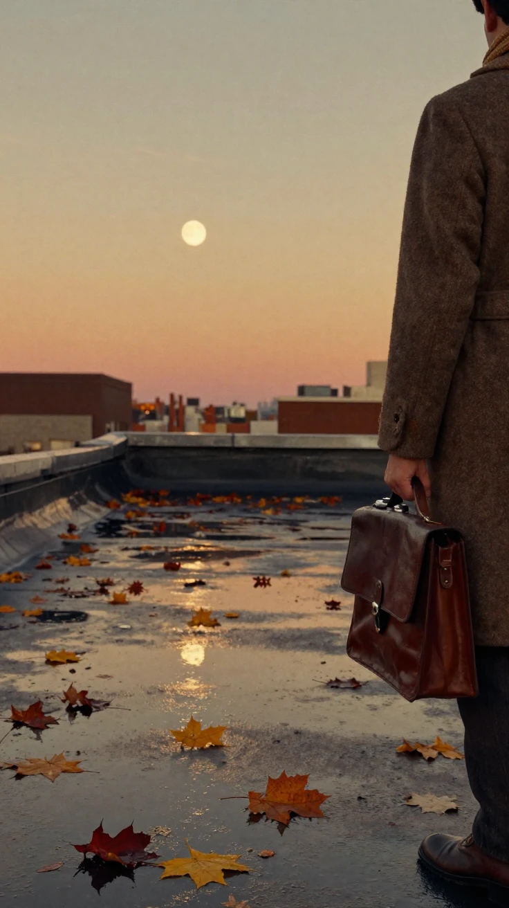 A rooftop skyline glowing amber as the sun dips below the horizon, under a full moon, just after a rain shower, with puddles reflecting the sky, as autumn leaves turn gold and red, in earthy terracotta and ochre shades, over the shoulder of the main subject.
