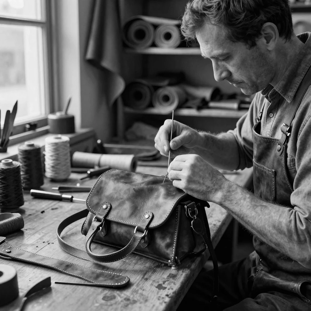 A leatherworker stitches a satchel by hand in a small leather shop.