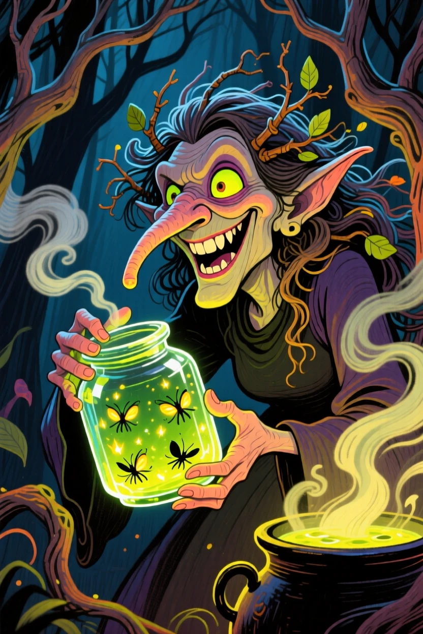 A forest witch brewing a potion of glowing fireflies in a crystal jar.