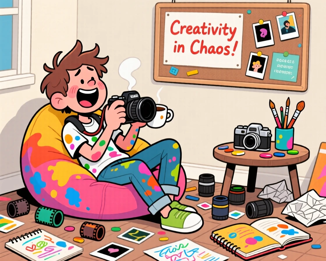 An everyday-life snapshot of a passionate photographer, taking a well-deserved break, covered in the mess of creativity, surrounded by a delightful mess of supplies.