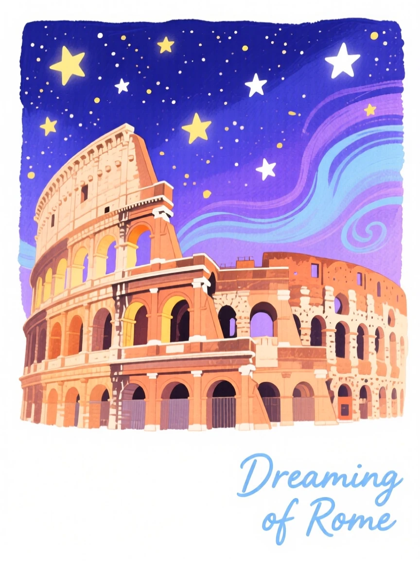 A dreamy travel postcard scene of the Colosseum under a starry night sky