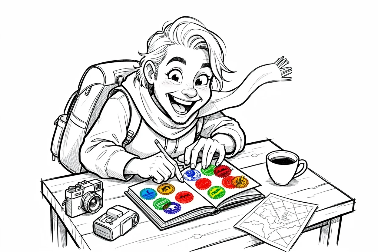 [Trending & Universal Topics] Modern lifestyle scene of a traveler filling a passport with colorful stamps, capturing everyday joy