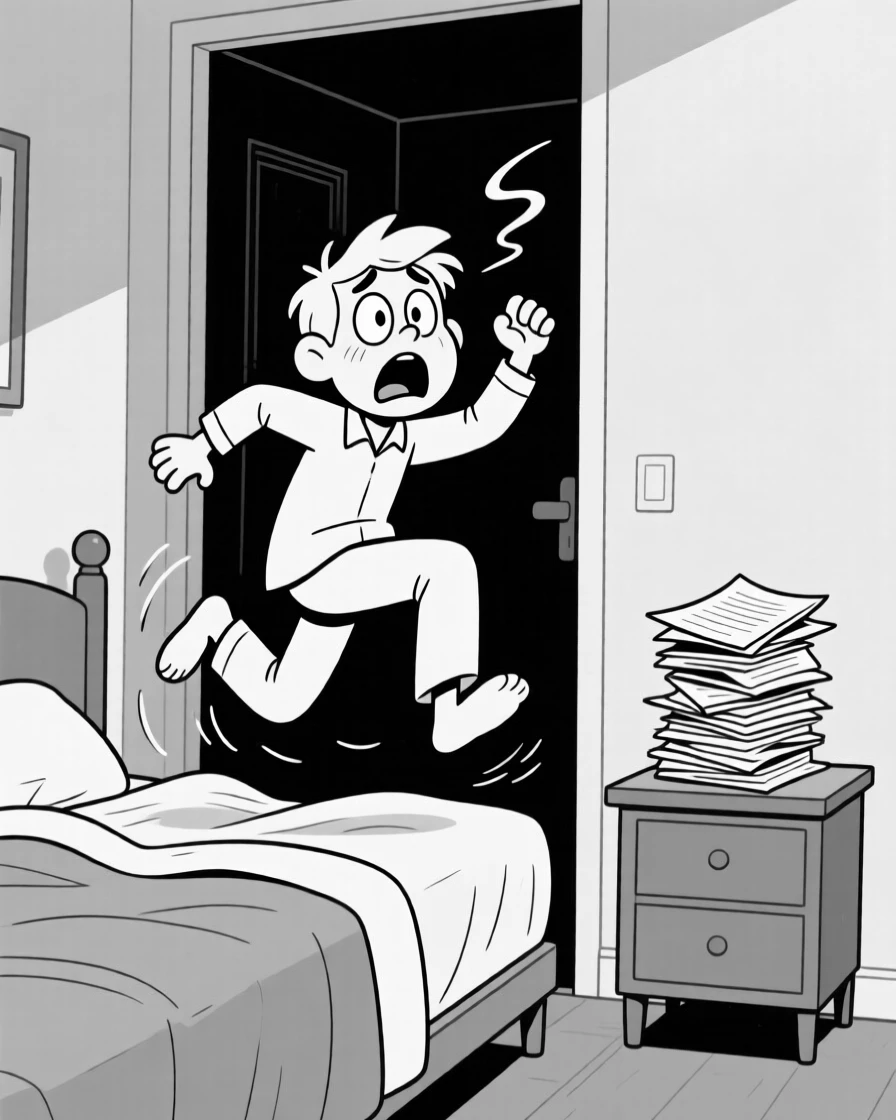 A late sleeper leaping out of bed in a panic, freezing mid-step in dawning realization, set in a dark hallway at home. A stack of ungraded papers teeters nearby. The scene captures the comedy hidden in ordinary days.