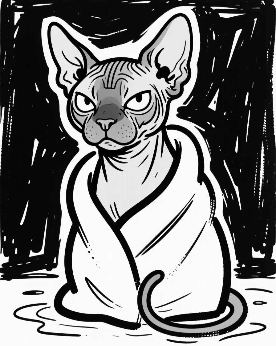 A sphynx cat wrapped in a towel after a bath, looking grumpy but adorable.