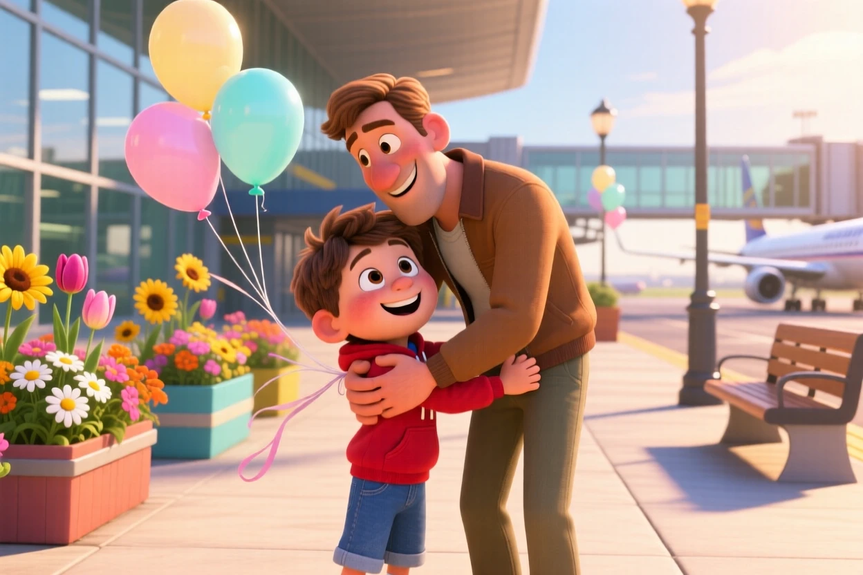 A boy hugging his returning father at an airport unfolds on a sunny sidewalk lined with flower boxes, with balloons floating gently upward. Pure joy and warmth radiate from the scene.