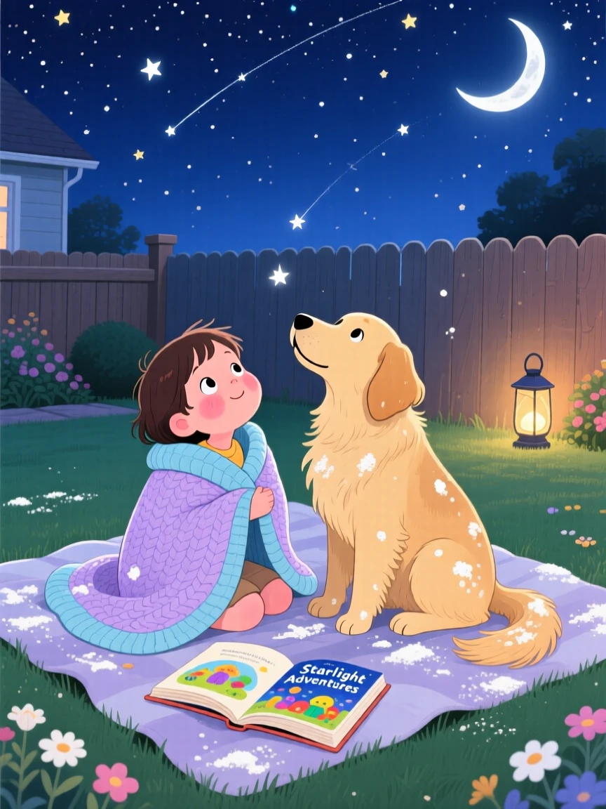 A child wrapped in a cozy blanket and a beloved family dog are stargazing from a backyard blanket, with flour dusting their sleeves.