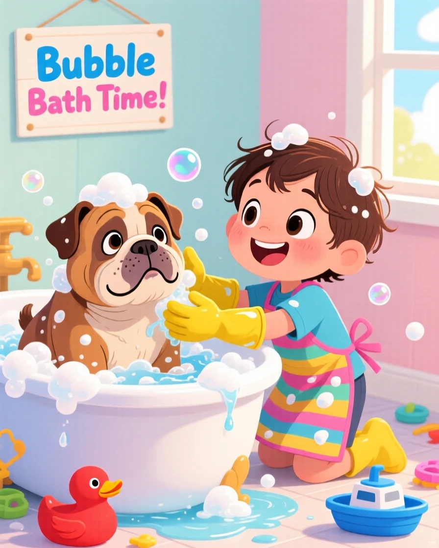 A child giving a bubble bath to a very patient bulldog.