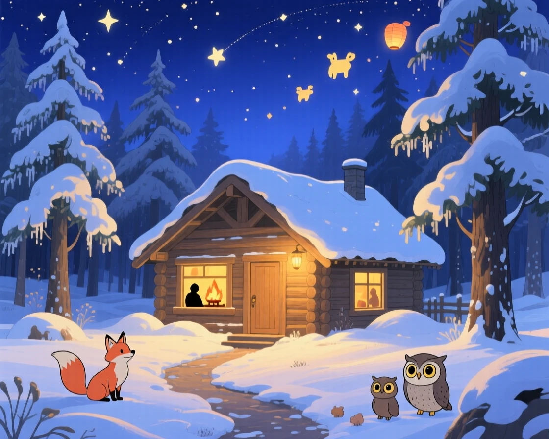 A nighttime scene of a snow-covered cabin glowing warmly against the night sky, dreamlike beneath the stars.