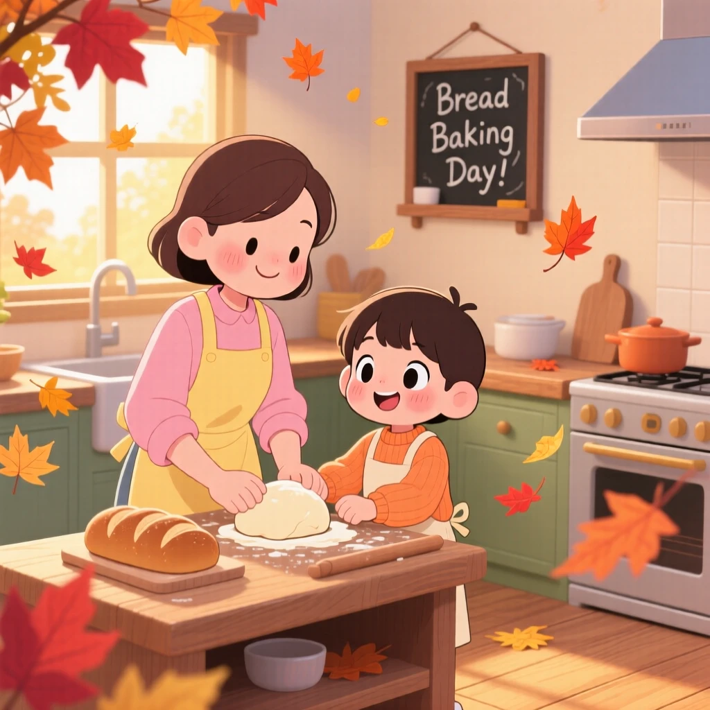 In a warm cozy kitchen, a parent and child are baking bread together in the kitchen with autumn leaves swirling around, bathed in soft pastel light of dawn, expression full of proud determination. Shot as a dynamic diagonal composition.