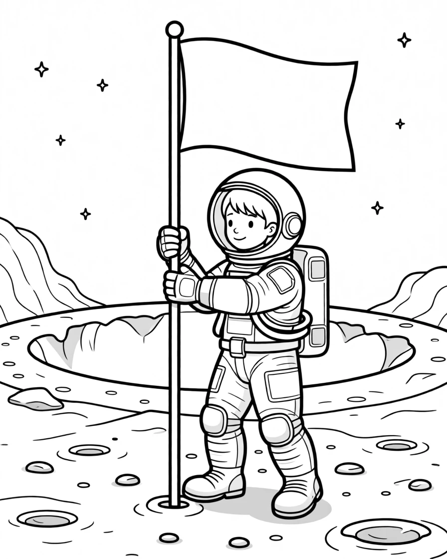 An astronaut planting a flag on a distant moon