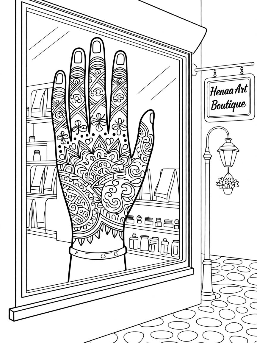An intricate henna design covering the back of a hand, displayed on a mannequin in a boutique window.