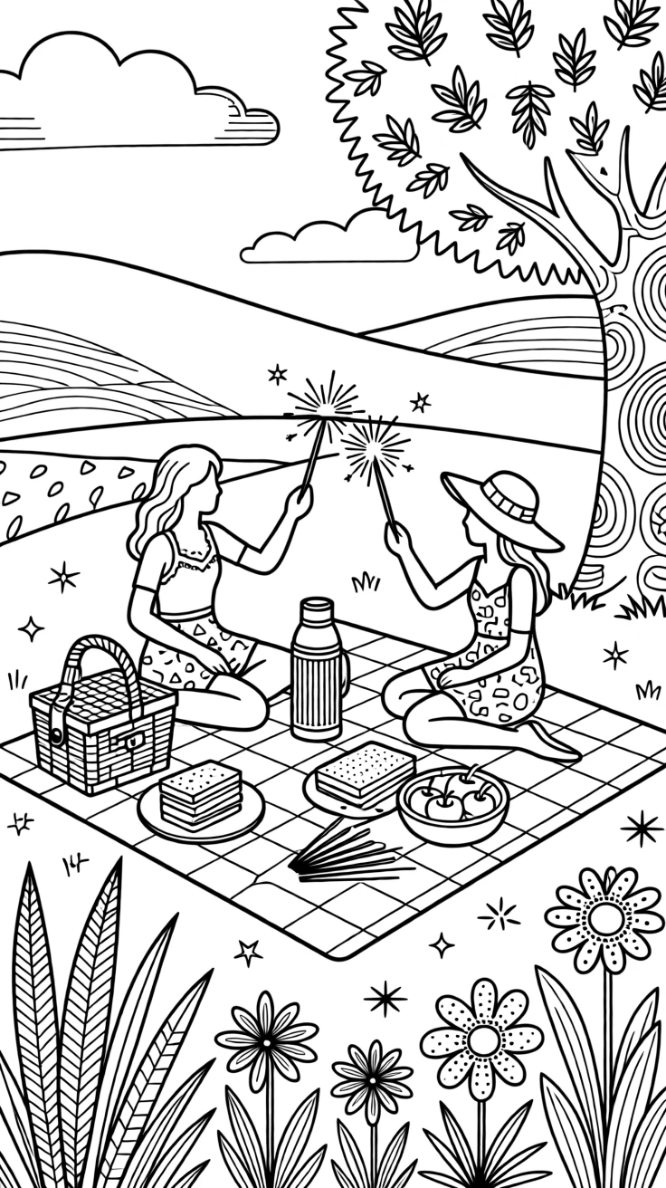 A summer Fourth of July picnic with a checkered blanket and sparklers.