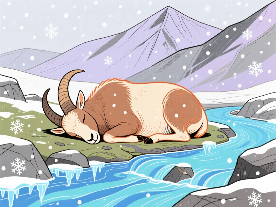 A mountain goat napping beside a mountain stream during a light snowfall.