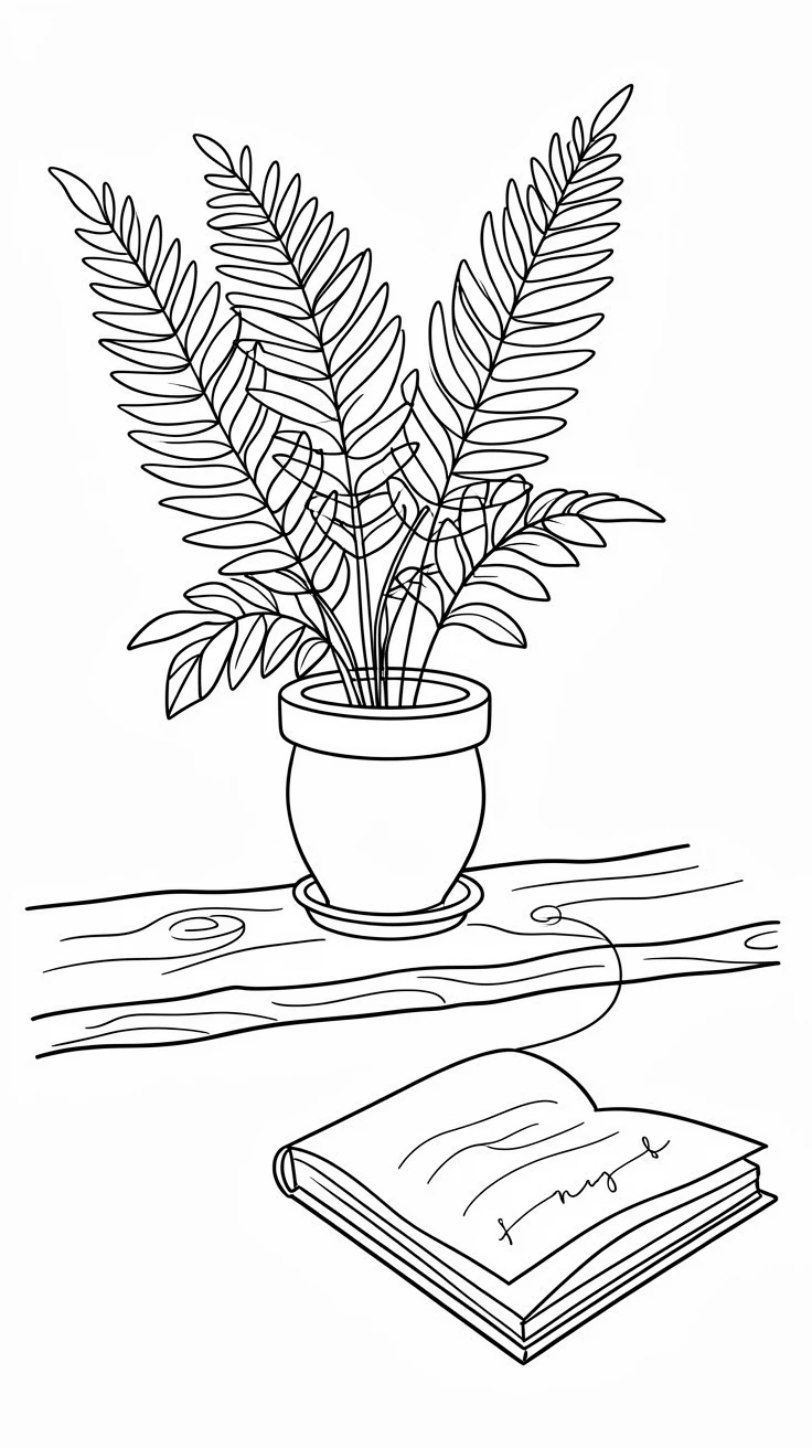 A potted fern sitting on a rustic windowsill beside an open book