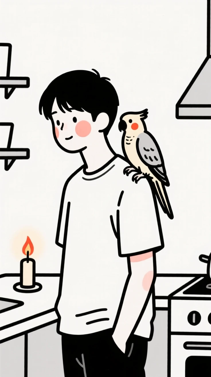 A young man with a parrot on their shoulder, in a cozy candlelit kitchen.