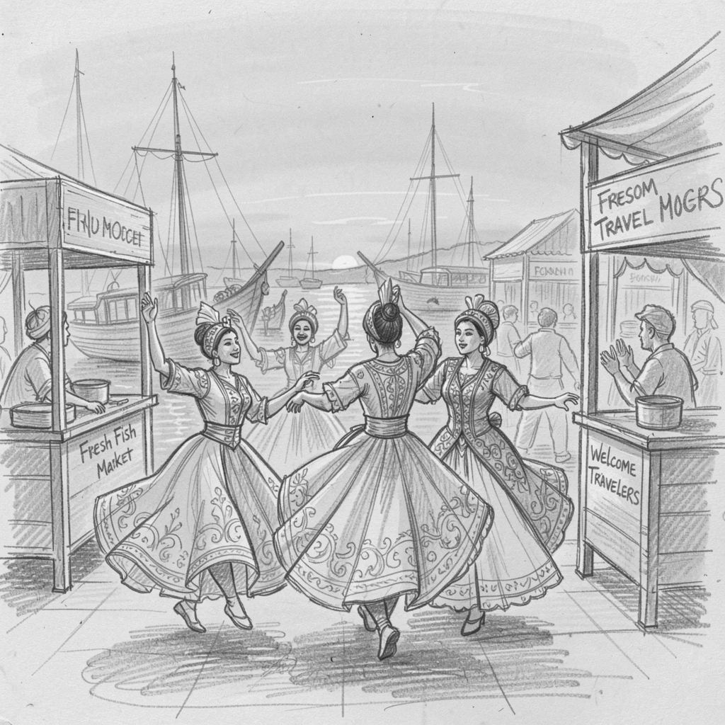 A rich travel moment capturing dancers performing in elaborate traditional costume on a bustling harbor at sunset, with the warm glow of dusk settling in.