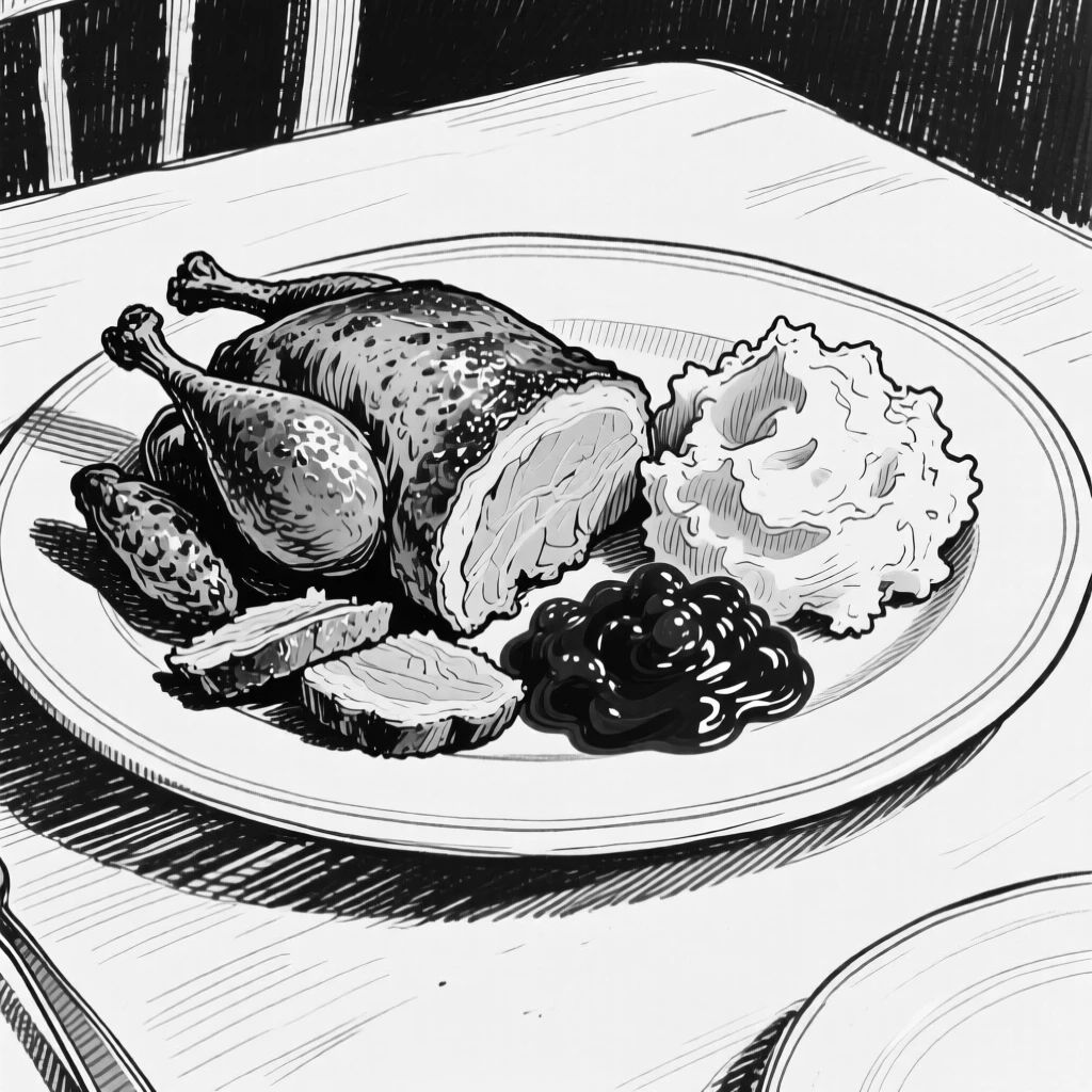 A plate of roasted turkey with cranberry sauce and mashed potatoes.