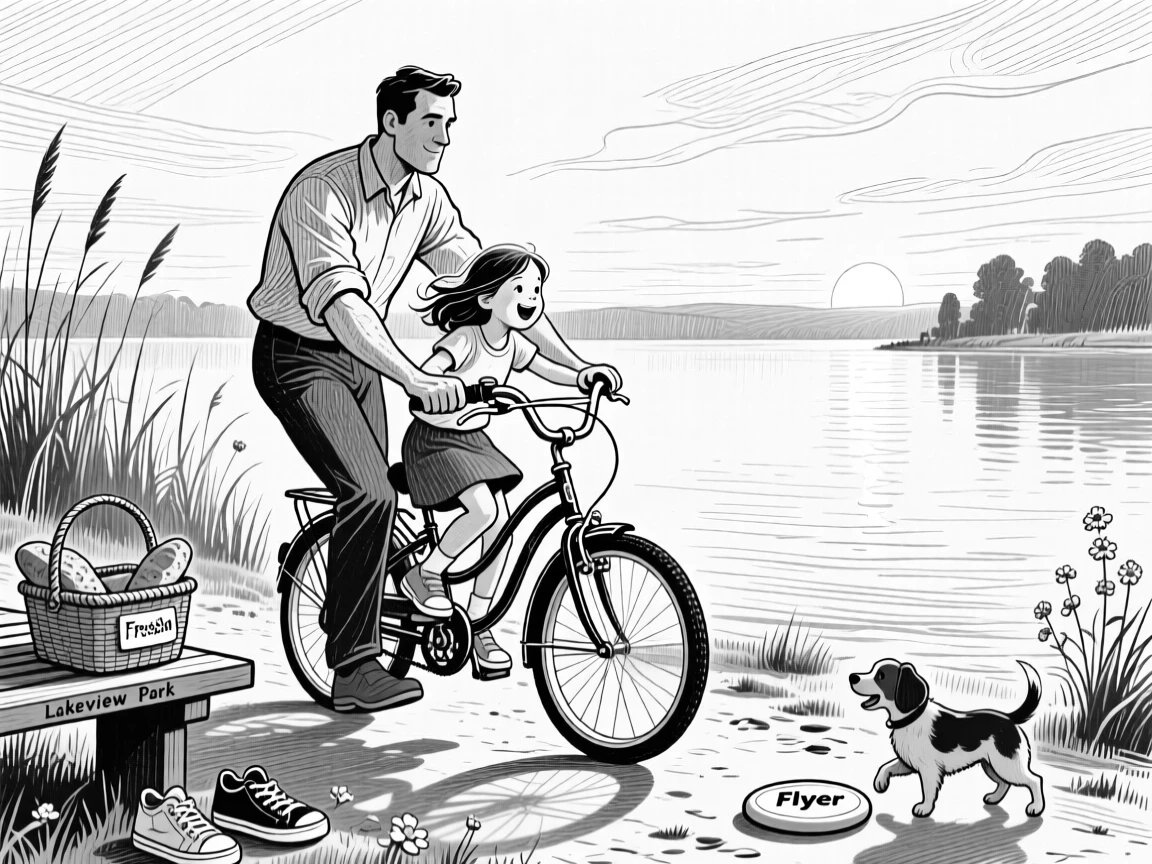 A father teaching his daughter to ride a bike beside a tranquil lake at dawn, with small details of daily life scattered nearby, creating a lighthearted and playful lifestyle scene.