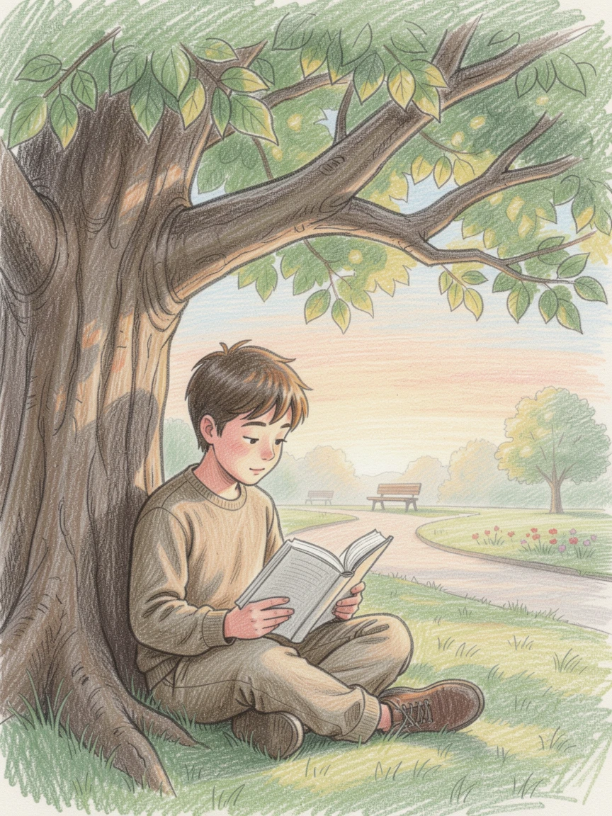 A reader lost in a novel beneath a shady tree in the park, set against a softly lit, atmospheric backdrop, full of charm, emotion, and visual delight.
