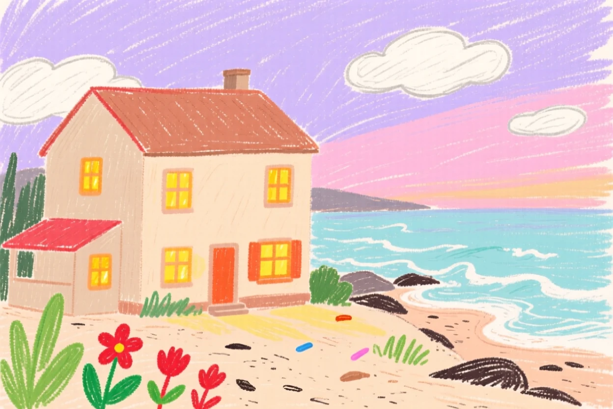 A coastal villa glowing warmly with lit windows at dusk.