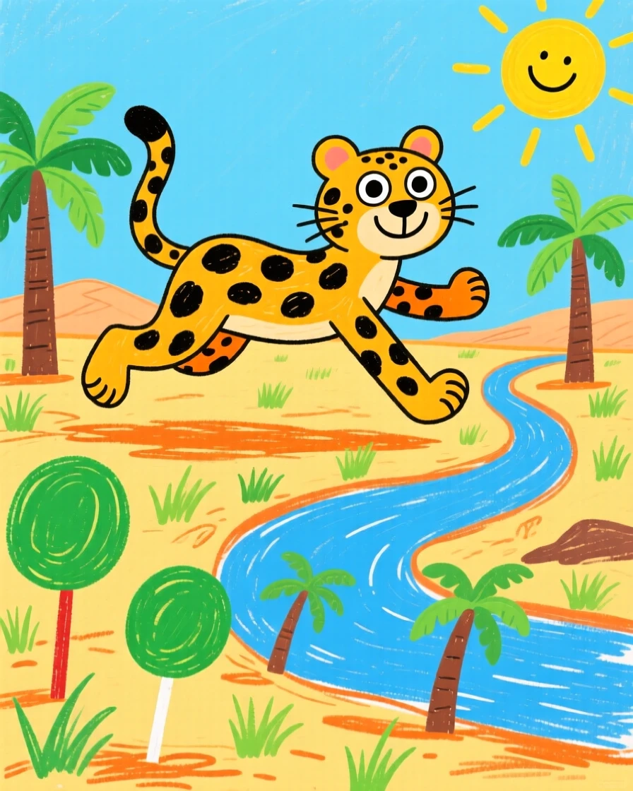 A cheetah sprinting across the savanna near a winding desert oasis.
