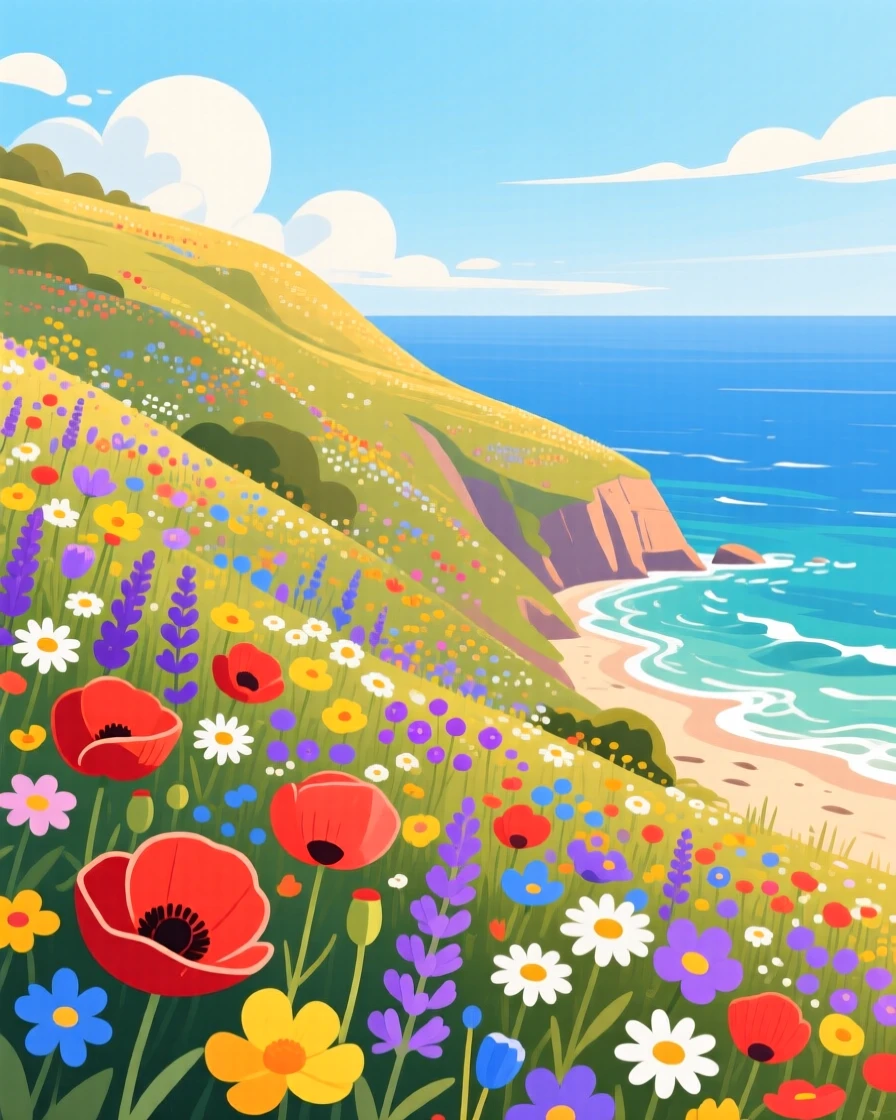 A colorful hillside covered in blooming wildflowers overlooking the sea, with gentle waves lapping at the shore nearby, framed to showcase both intimate detail and grand scale, with a joyful, adventurous atmosphere.