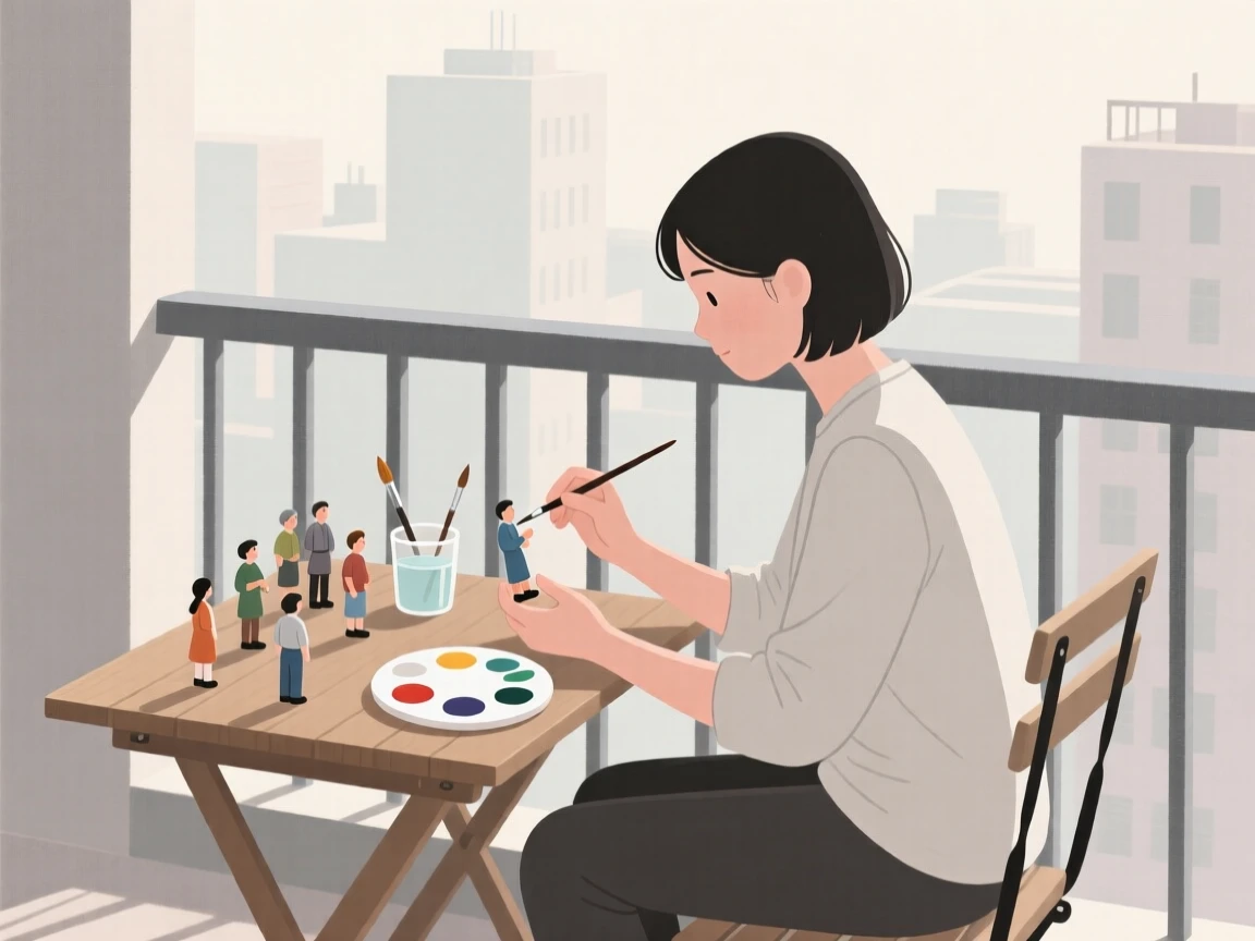 A person painting miniature figures in a small balcony.